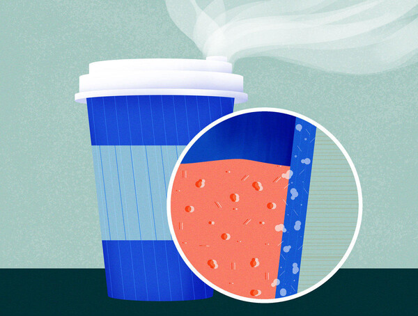 미국 NIST(국립표준기술원) 연구진은 커피컵과 같은 일회용 음료컵을 분석했다. 커피컵은 물이 가열 될 때 컵의 안쪽 안감에서 수조 개의 나노입자 또는 작은 플라스틱 입자를 방출할 수 있다. 플라스틱 입자를 보여주는 확대된 부분이 있는 커피 컵을 보여준다. [사진출처(Photo source) = NIST(국립표준기술원)]