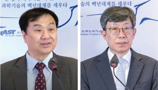 유욱준 한국과학기술한림원장(왼쪽)의 개회사 및 김영배 KAIST 경영대학 교수의 인사말 모습.