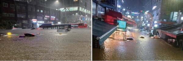 서울에는 지난 8월 8일부터 9일 새벽까지 최악의 폭우가 쏟아져 한강 이남이 물바다로 변했다. 기상청 자동기상관측장비(AWS)에 따르면 서울 동작구 신대방동 기상청 관측소에 8일 하루 동안 381.5㎜(비공식)의 폭우가 내렸다. 사진은 강남역 인근(왼쪽) 및 동작구 남성사계시장(오른쪽)이 물바다로 변한 모습.