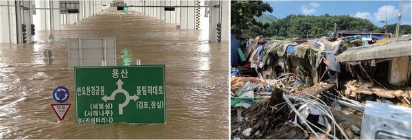 8월 8~9일에 내린 폭우로 잠수교 및 한강시민공원이 물에 잠겨 있다[SBS 뉴스 화면 캡쳐]. 오른쪽 사진은 개포동 구룡마을 판잣집들이 수해 피해를 입은 모습.