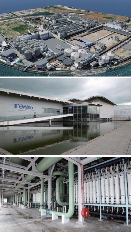 싱가포르 PUB는 집수, 정수처리, 유통, 사용된 물 집수 및 처리, 사용된 물 재사용 및 담수화까지 전체 물순환을 관리한다. 사진은 바다를 매립해 만든 투아스 워터 리클레메이션(WRP)과 하수처리수 재이용 시설인 뉴워터(NEWater), 투아스 해수담수화시설 전경(위에서 부터).