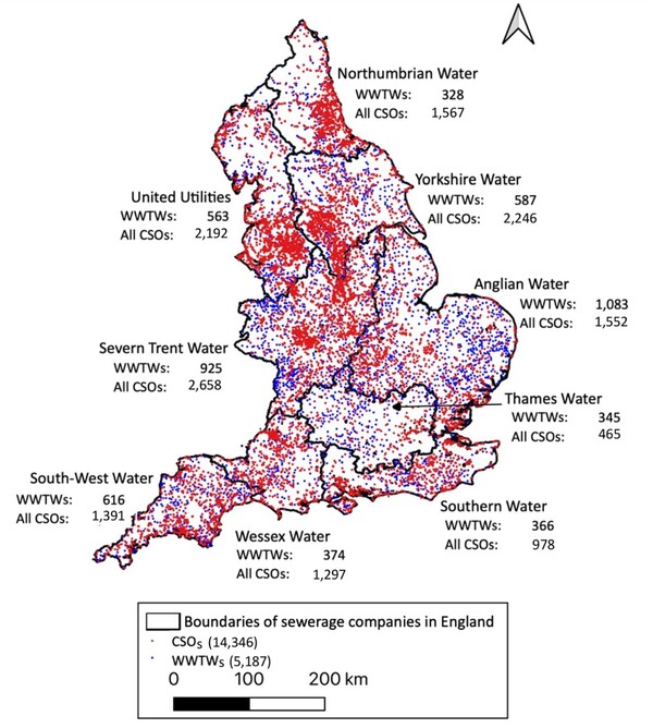 영국의 물 회사가 운영하는 하수처리장(WWTW) 및 CSO의 위치 지도. [출처(source) = 『워터 리서치 & 테크놀러지(Water Research & Technology)』]