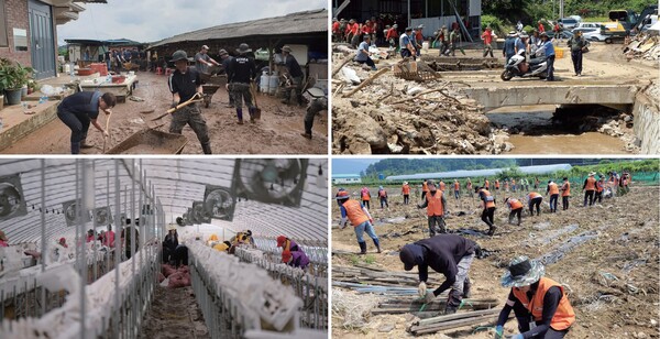전국적인 집중호우로 피해가 늘면서 수해복구현장에는 군장병을 비롯해 자원봉사자들이 찾아와 구슬땀을 흘리고 있다.