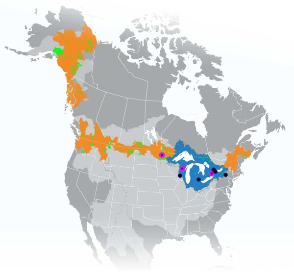 글로벌 센터는 미국-캐나다 국경(각각 주황색 및 녹색 지역)을 따라 국경 간 유역 및 원주민 영토의 관계와 정책을 활용한다. 오대호 분지(파란색)는 초기 초점 지역 역할을 한다. 직접 자금을 지원받는 프로젝트 파트너는 검은색 점으로 식별되며 원주민 파트너는 보라색 링으로 강조표시 됐다. 북미의 모든 국경 간 유역은 밝은 회색으로 강조 표시됐다. [사진출처(Photo source) =  University of Michigan School for Environment and Sustainability and Office of the U-M Vice President for Research]