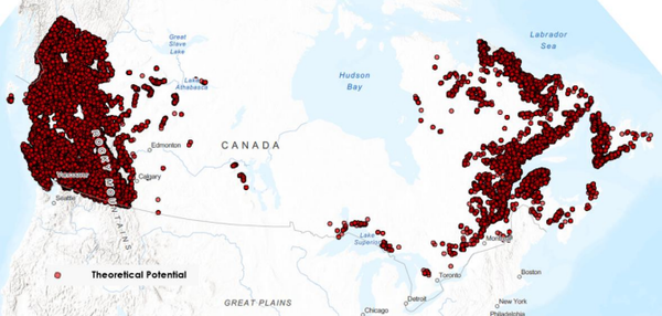 스탠텍(Stantec)은 워터파워 캐나다(WaterPower Canada)가 캐나다 천연자원부(Natural Resources Canada)의 자금 지원을 받아 의뢰한 보고서인 ‘캐나다의 양수식 수력 발전에 대한 기술 및 경제적 잠재력 평가’를 완료했다고 밝혔다. 사진은 캐나다 전역의 이론적 잠재 양수식 수력 발전(PSH) 부지 분포 [사진출처(Photo source) = Stantec]