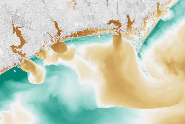 허리케인 플로렌스가 지나간 후 노스캐롤라이나 해안가 수로에서 ‘항생제 내성 병원균’을 포함한 용존 유기물이 존재함을 보여주는 가시광선 및 적외선 데이터를 포함한 NASA 이미지 [사진출처 = University of Illinois Urbana-Champaign]