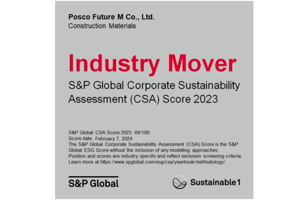 포스코퓨처엠은 2월 14일 세계 3대 신용평가사 중 하나인 S&P 글로벌의 2023년 기업 지속가능성 평가(Corporate Sustainability Assessment, CSA)에서 ‘인더스트리 무버(Industry Mover)’에 선정되며 ESG 경영 성과를 인정받았다고 밝혔다. 사진은 포스코퓨처엠 S&P 글로벌 '인더스트리 무버(Industry Mover)' 선정 엠블럼. [사진제공 = 포스코퓨처엠]