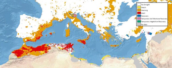 지중해 지역의 극심하고 장기화된 가뭄 사태는 유럽에 2년 이상, 북아프리카에 6년 동안 영향을 미쳐 물 부족을 초래하고 식생 성장을 방해하고 있다. 그림은 유럽연합위원회 공동연구센터(JRC)가 발표한 2024년 1월의 지중해 지역 가뭄 현황. 적색 지역은 가뭄이 매우 심각한 지역이다. [사진출처(Photo source) = 유럽연합 공동연구센터(JRC)]