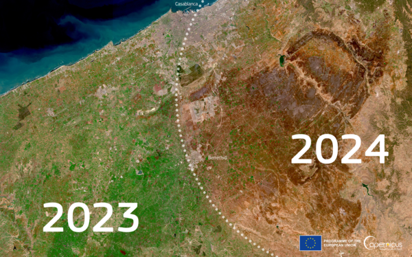 북아프리카 모로코 카사블랑카의  가뭄은 2023년 1월(왼쪽)에 비해 2024년 1월(오른쪽)에는  심각하다. [사진출처(Photo source) = 유럽연합 공동연구센터(JRC)]